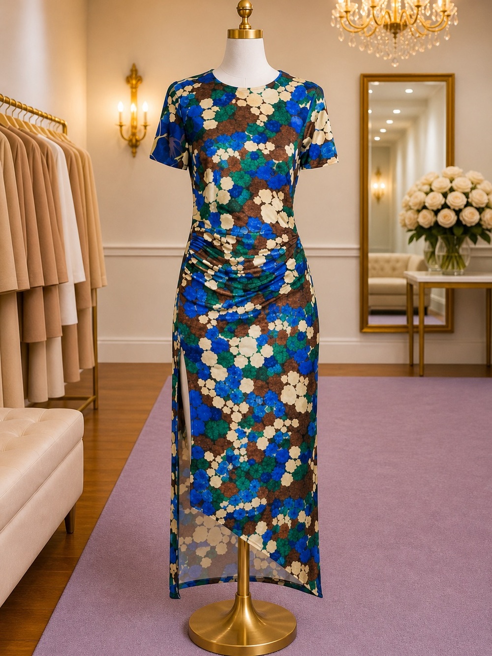 ANIM Floral Midi Dress Blue Green Brown Short Sleeve Ruched Slit M NWT MSRP $395